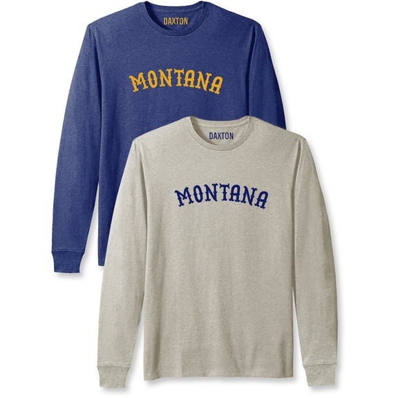 Daxton Retro Montana Arch Font Long Sleeves T Shirt Soft Medium Weight Cotton, 2Pk Heather Navy Gold Oat Navy, S