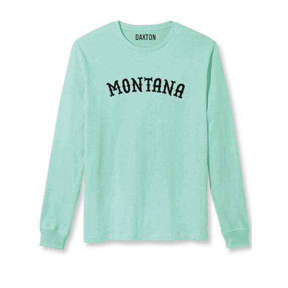 Daxton Retro Montana Arch Font Long Sleeves T Shirt Soft Medium Weight Cotton, Mint Tee Black Font, S