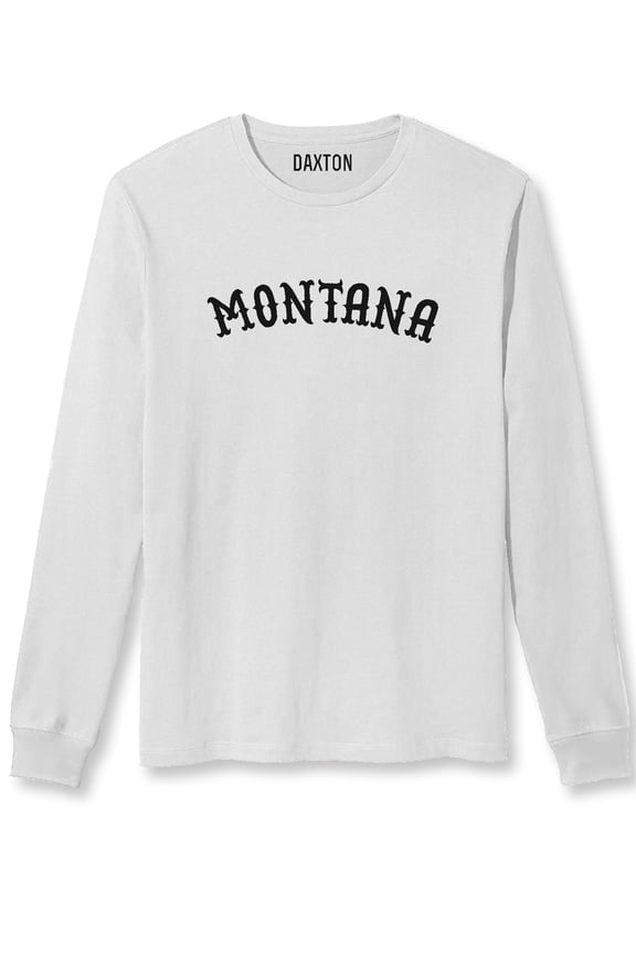 Retro Montana Arch Font Long Sleeves T Shirt Soft Medium Weight Cotton, White Tee Black Font, 3XL