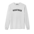 thumbnail image 1 of Daxton Retro Montana Arch Font Long Sleeves T Shirt Soft Medium Weight Cotton, White Tee Black Font, L, 1 of 2