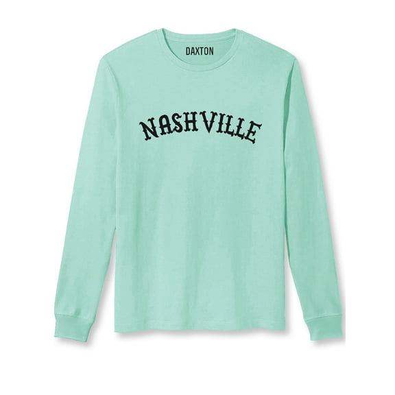 Daxton Retro Nashville Arch Font Long Sleeves T Shirt Soft Medium Weight Cotton, Mint Tee Black Font, L