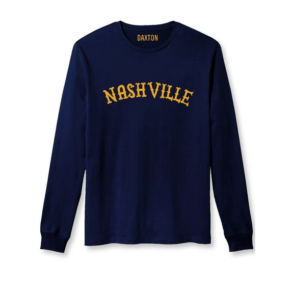 Daxton Retro Nashville Arch Font Long Sleeves T Shirt Soft Medium Weight Cotton, Navy Tee Gold Font, 3XL