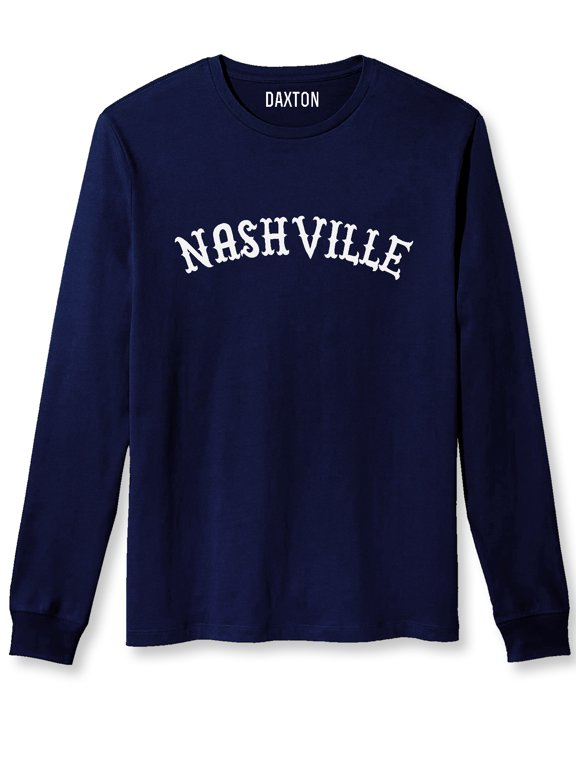 Retro Nashville Arch Font Long Sleeves T Shirt Soft Medium Weight Cotton, Navy Tee White Font, 2XL