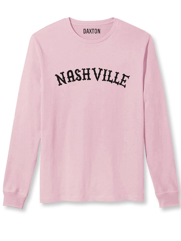 Retro Nashville Arch Font Long Sleeves T Shirt Soft Medium Weight Cotton, Pink Tee Black Font, 1XL