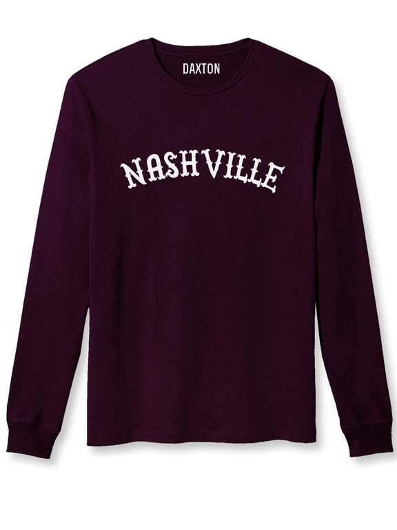 Retro Nashville Arch Font Long Sleeves T Shirt Soft Medium Weight Cotton, Plum Tee White Font, 3XL