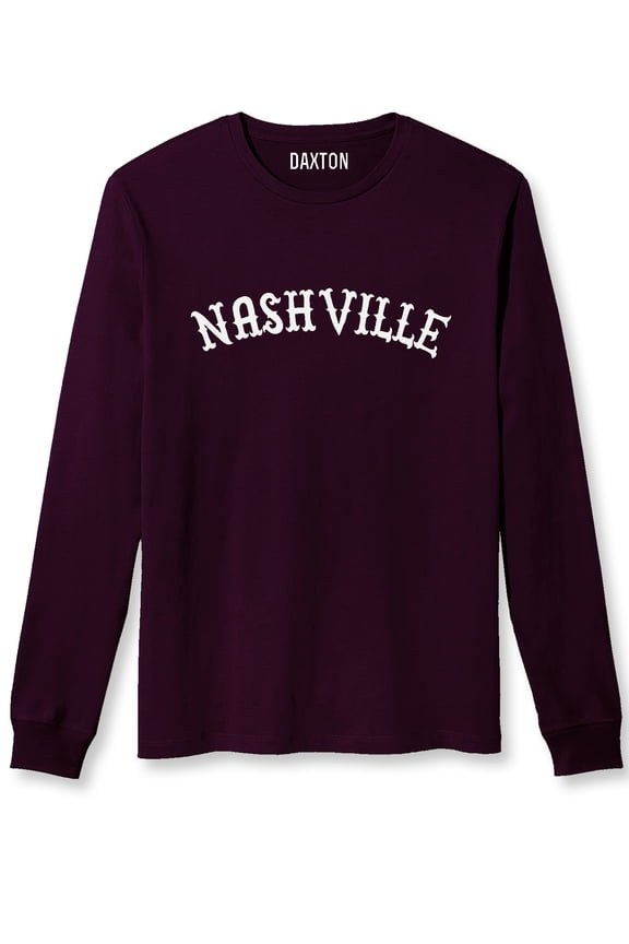 Retro Nashville Arch Font Long Sleeves T Shirt Soft Medium Weight Cotton, Plum Tee White Font, XS