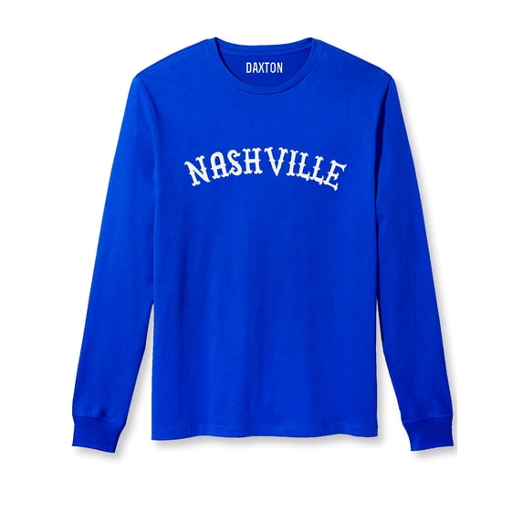 Daxton Retro Nashville Arch Font Long Sleeves T Shirt Soft Medium Weight Cotton, Royal Tee White Font, 2XL