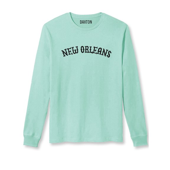 Daxton Retro New Orleans Arch Font Long Sleeves T Shirt Soft Weight Cotton, Mint Tee Black Font, XS