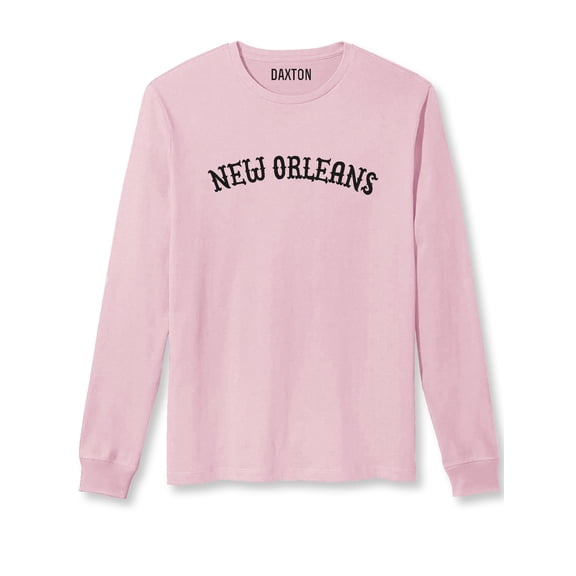 Daxton Retro New Orleans Arch Font Long Sleeves T Shirt Soft Weight Cotton, Pink Tee Black Font, M