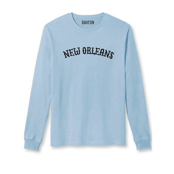 Daxton Retro New Orleans Arch Font Long Sleeves T Shirt Soft Weight Cotton, Sky Tee Black Font, 1XL