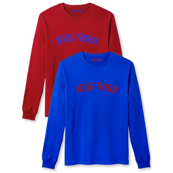Daxton Retro New York Arch Font Long Sleeves T Shirt Soft Medium Weight Cotton, 2Pk Red Royal Royal Red, XS