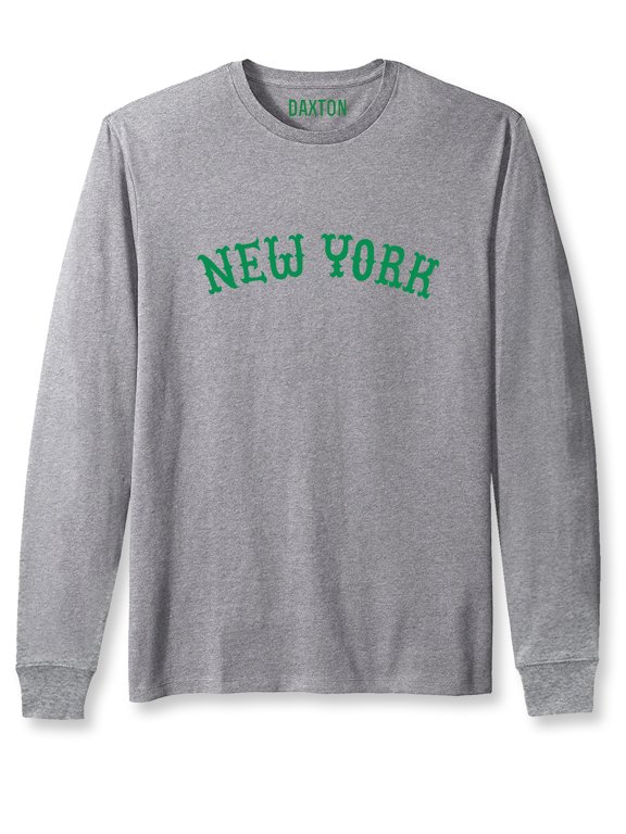 Retro New York Arch Font Long Sleeves T Shirt Soft Medium Weight Cotton, Hgray Tee Green Font, 2XL