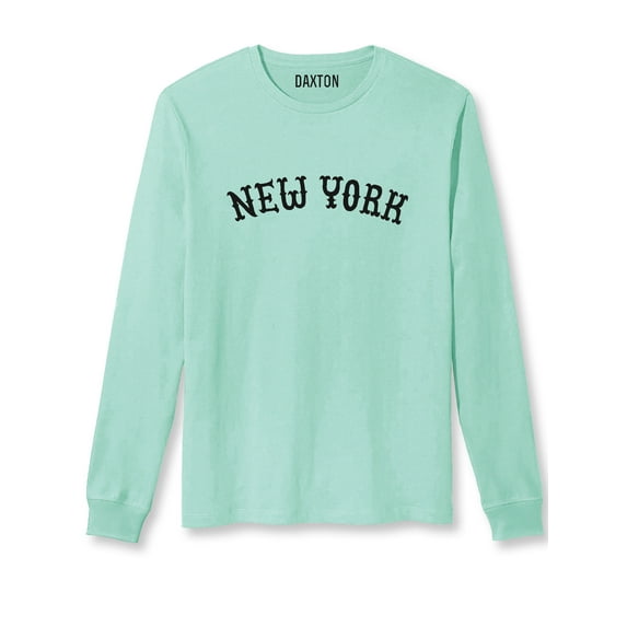 Daxton Retro New York Arch Font Long Sleeves T Shirt Soft Medium Weight Cotton, Mint Tee Black Font, 2XL