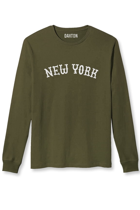 Retro New York Arch Font Long Sleeves T Shirt Soft Medium Weight Cotton, Olive Tee White Font, 3XL