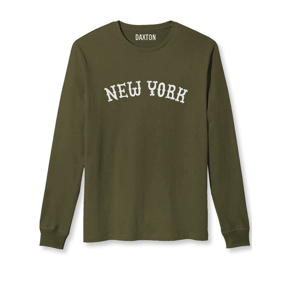 Daxton Retro New York Arch Font Long Sleeves T Shirt Soft Medium Weight Cotton, Olive Tee White Font, XS