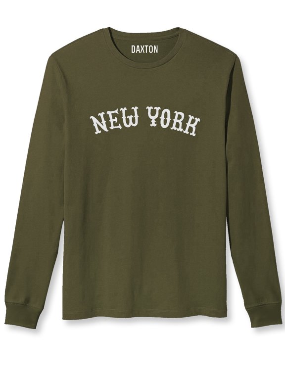 Retro New York Arch Font Long Sleeves T Shirt Soft Medium Weight Cotton, Olive Tee White Font, XS