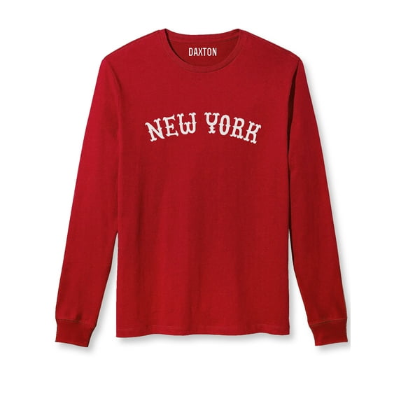 Daxton Retro New York Arch Font Long Sleeves T Shirt Soft Medium Weight Cotton, Red Tee White Font, 3XL