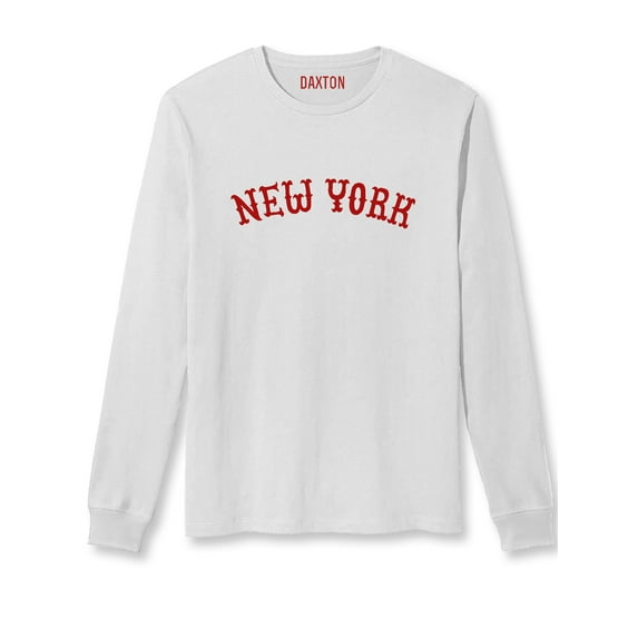 Daxton Retro New York Arch Font Long Sleeves T Shirt Soft Medium Weight Cotton, White Tee Red Font, S