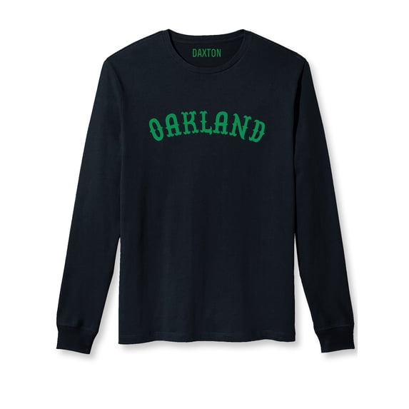 Daxton Retro Oakland Arch Font Long Sleeves T Shirt Soft Medium Weight Cotton, Black Tee Green Font, XS