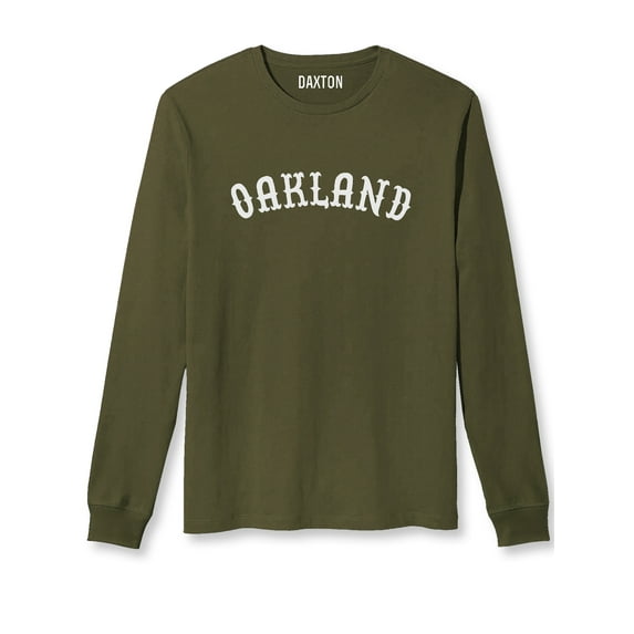 Daxton Retro Oakland Arch Font Long Sleeves T Shirt Soft Medium Weight Cotton, Olive Tee White Font, 2XL