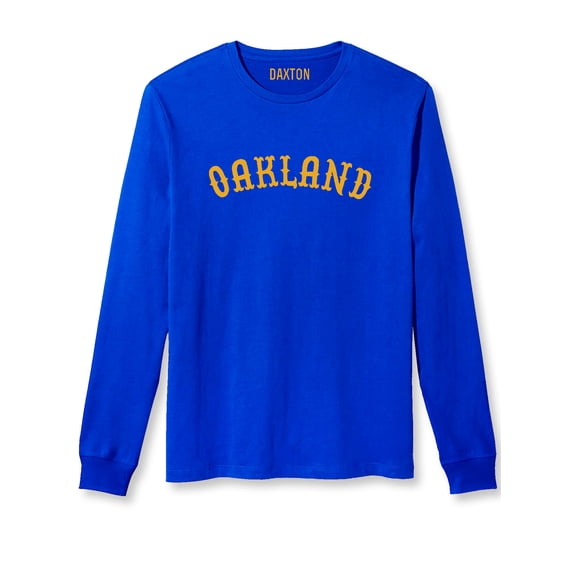 Daxton Retro Oakland Arch Font Long Sleeves T Shirt Soft Medium Weight Cotton, Royal Tee Gold Font, 1XL