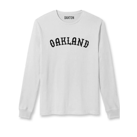 Daxton Retro Oakland Arch Font Long Sleeves T Shirt Soft Medium Weight Cotton, White Tee Black Font, 1XL
