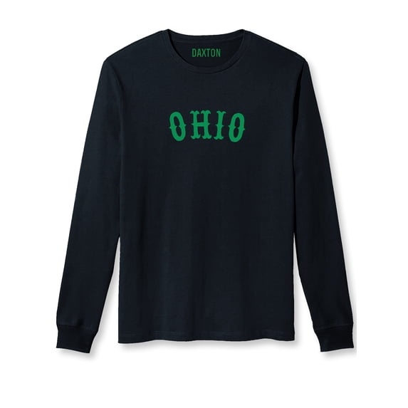 Daxton Retro Ohio Arch Font Long Sleeves T Shirt Soft Medium Weight Cotton, Black Tee Green Font, 1XL