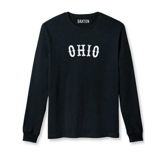 Daxton Retro Ohio Arch Font Long Sleeves T Shirt Soft Medium Weight Cotton, Black Tee White Font, XS