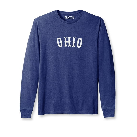 Daxton Retro Ohio Arch Font Long Sleeves T Shirt Soft Medium Weight Cotton, Heather Navy Tee White Font, 2XL