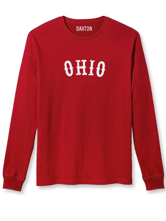 Retro Ohio Arch Font Long Sleeves T Shirt Soft Medium Weight Cotton, Red Tee White Font, 1XL