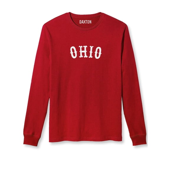 Daxton Retro Ohio Arch Font Long Sleeves T Shirt Soft Medium Weight Cotton, Red Tee White Font, S
