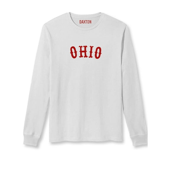 Daxton Retro Ohio Arch Font Long Sleeves T Shirt Soft Medium Weight Cotton, White Tee Red Font, M
