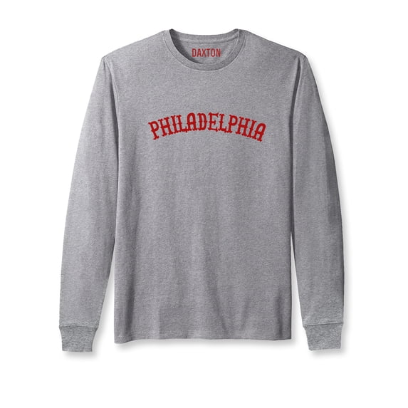 Daxton Retro Philadelphia Arch Font Long Sleeves T Shirt Soft Weight Cotton, Hgray Tee Red Font, XS