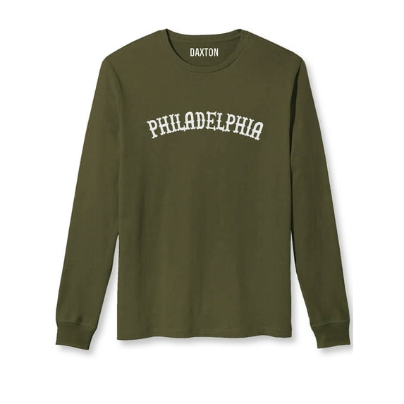Daxton Retro Philadelphia Arch Font Long Sleeves T Shirt Soft Weight Cotton, Olive Tee White Font, L