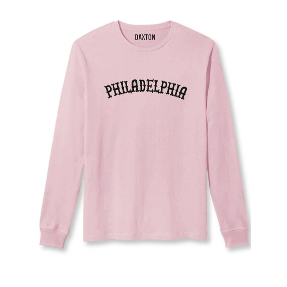 Daxton Retro Philadelphia Arch Font Long Sleeves T Shirt Soft Weight Cotton, Pink Tee Black Font, M
