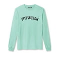 thumbnail image 1 of Daxton Retro Pittsburgh Arch Font Long Sleeves TShirt Soft Med Weight Cotton, Mint Tee Black Font, L, 1 of 2
