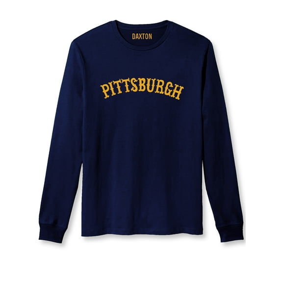 Daxton Retro Pittsburgh Arch Font Long Sleeves TShirt Soft Med Weight Cotton, Navy Tee Gold Font, XS