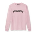 thumbnail image 1 of Daxton Retro Pittsburgh Arch Font Long Sleeves TShirt Soft Med Weight Cotton, Pink Tee Black Font, 3XL, 1 of 2