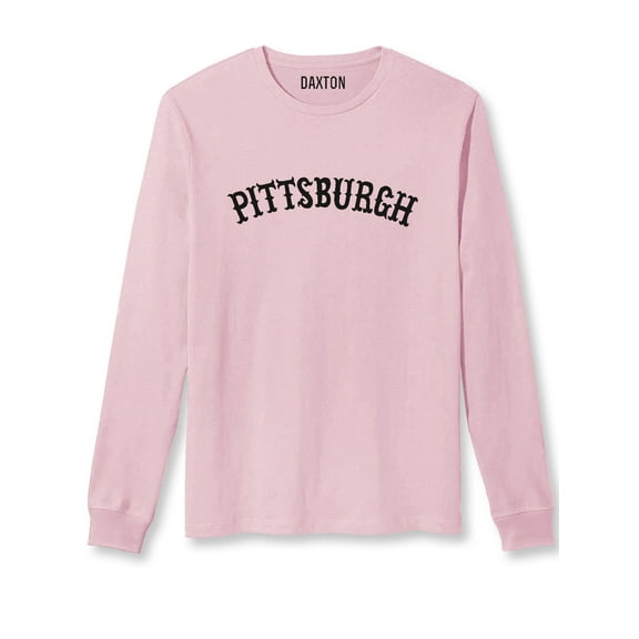 Daxton Retro Pittsburgh Arch Font Long Sleeves TShirt Soft Med Weight Cotton, Pink Tee Black Font, L