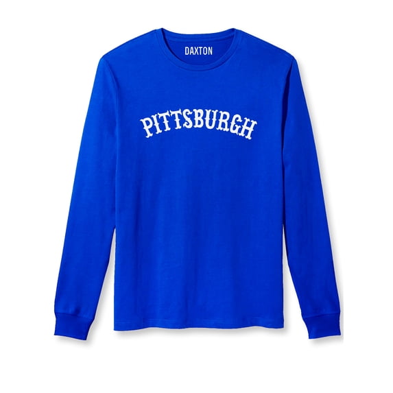 Daxton Retro Pittsburgh Arch Font Long Sleeves TShirt Soft Med Weight Cotton, Royal Tee White Font, S