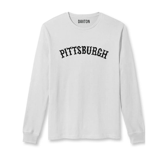 Daxton Retro Pittsburgh Arch Font Long Sleeves TShirt Soft Med Weight Cotton, White Tee Black Font, XS
