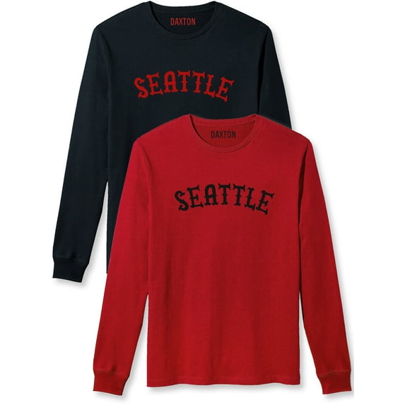 Daxton Retro Seattle Arch Font Long Sleeves TShirt Soft Med Weight Cotton, 2Pk Black Red Red Black, 2XL