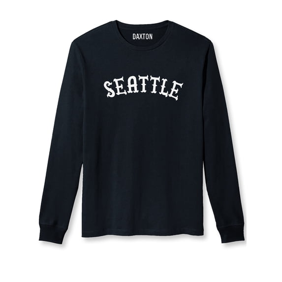 Daxton Retro Seattle Arch Font Long Sleeves TShirt Soft Med Weight Cotton, Black Tee White Font, S
