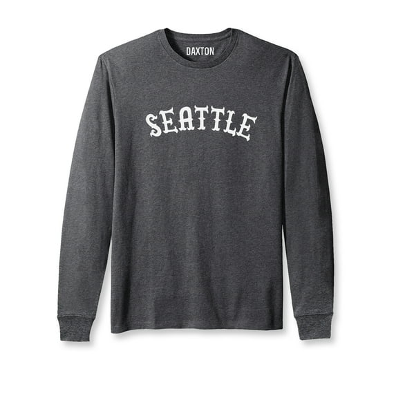 Daxton Retro Seattle Arch Font Long Sleeves TShirt Soft Med Weight Cotton, Heather Charcoal Tee White Font, 2XL