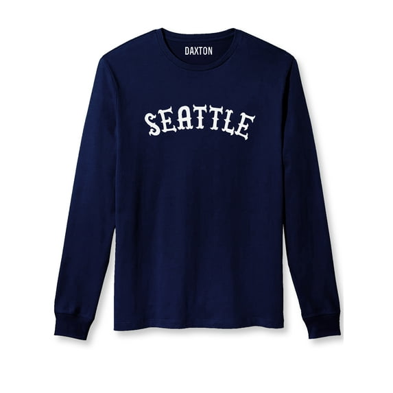 Daxton Retro Seattle Arch Font Long Sleeves TShirt Soft Med Weight Cotton, Navy Tee White Font, 2XL