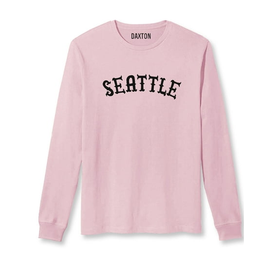 Daxton Retro Seattle Arch Font Long Sleeves TShirt Soft Med Weight Cotton, Pink Tee Black Font, XS