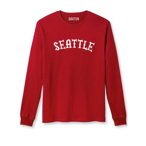 Daxton Retro Seattle Arch Font Long Sleeves TShirt Soft Med Weight Cotton, Red Tee White Font, S