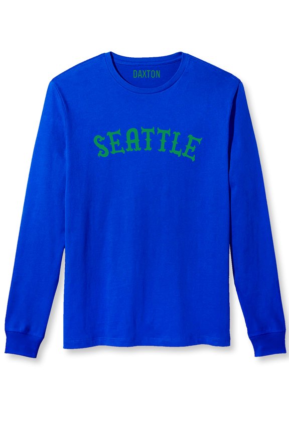 Retro Seattle Arch Font Long Sleeves TShirt Soft Med Weight Cotton, Royal Tee Green Font, 3XL
