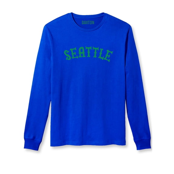 Daxton Retro Seattle Arch Font Long Sleeves TShirt Soft Med Weight Cotton, Royal Tee Green Font, M