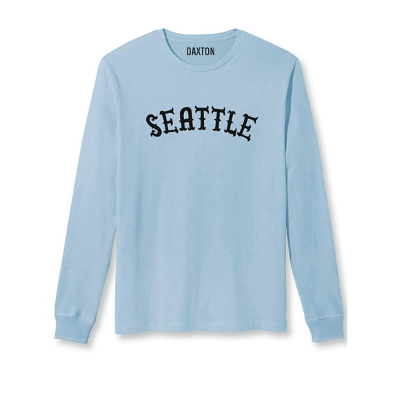 Daxton Retro Seattle Arch Font Long Sleeves TShirt Soft Med Weight Cotton, Sky Tee Black Font, M